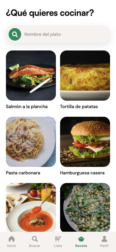 Pantalla de recetas de Suppy