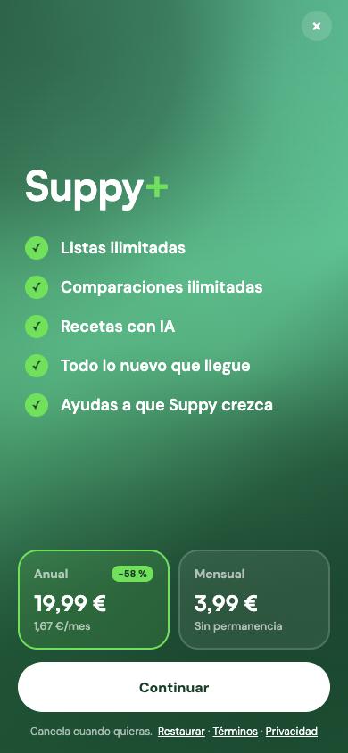 Pantalla de Suppy+ con los planes mensual y anual